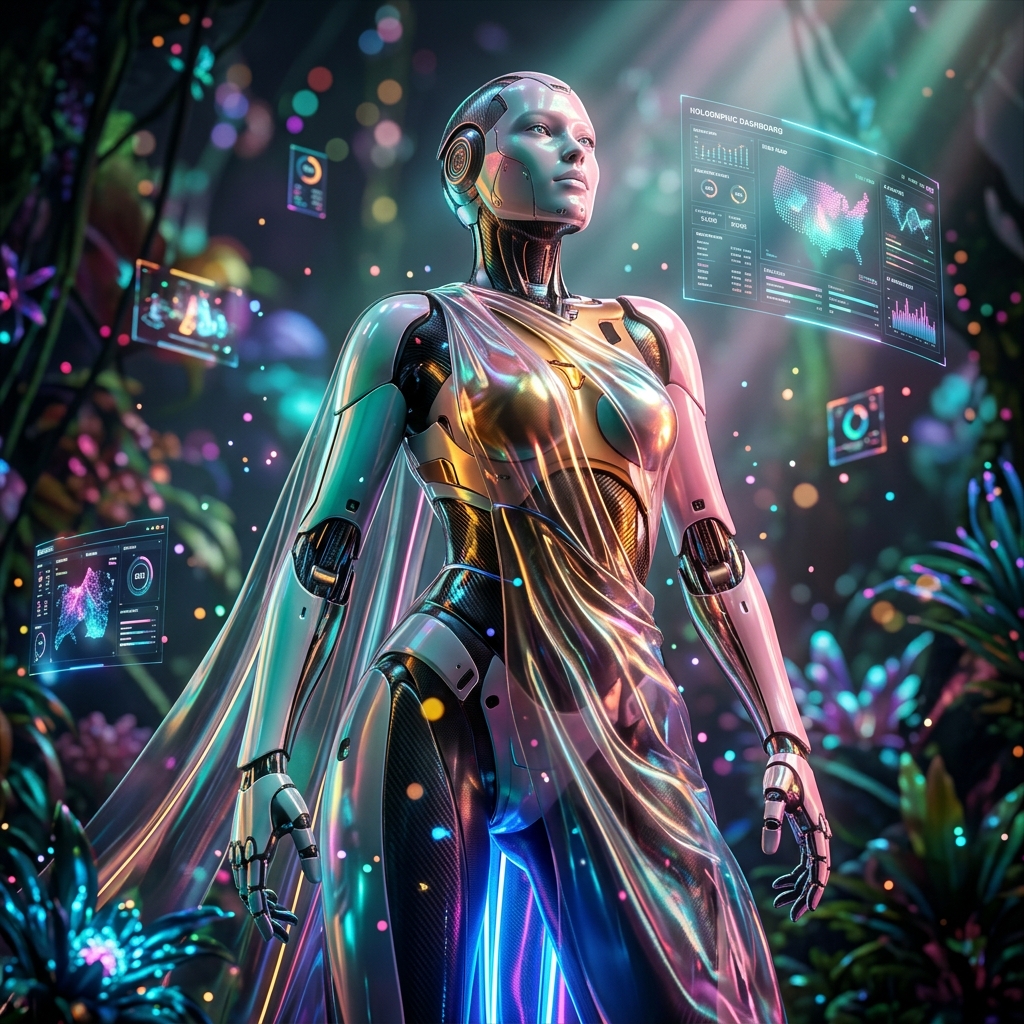 AuditGrid Atlas — Audit Operations Cockpit — 3D Modeling category hero — elegant fashion-forward android in flowing reflective couture fabric, editorial pose in alien jungle biome with glowing flora and floating tech artifacts