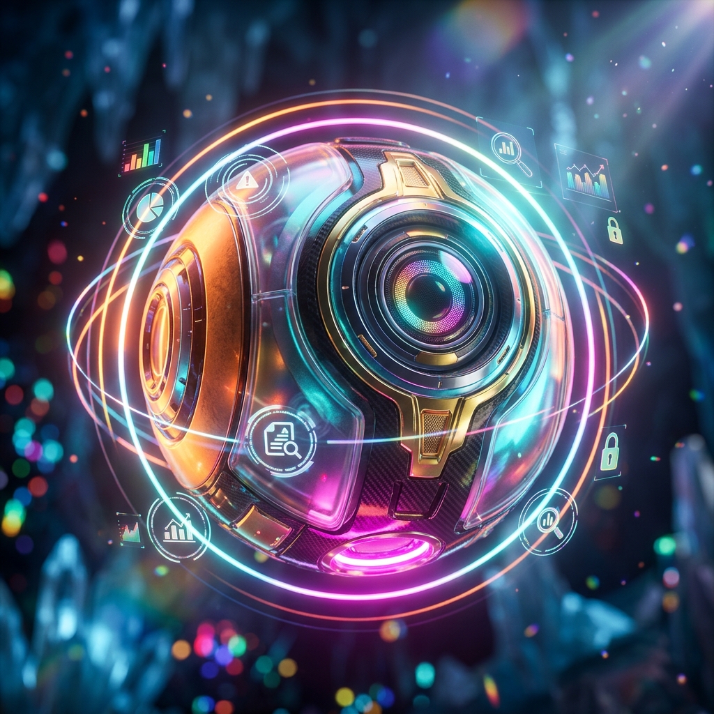 Auditrail Ledger | Content Creator Compliance & Intelligence — Analytics category hero — floating spherical AI orb with concentric glowing rings and orbiting holographic icons around it in crystalline ice cavern lit by bioluminescent tech installations