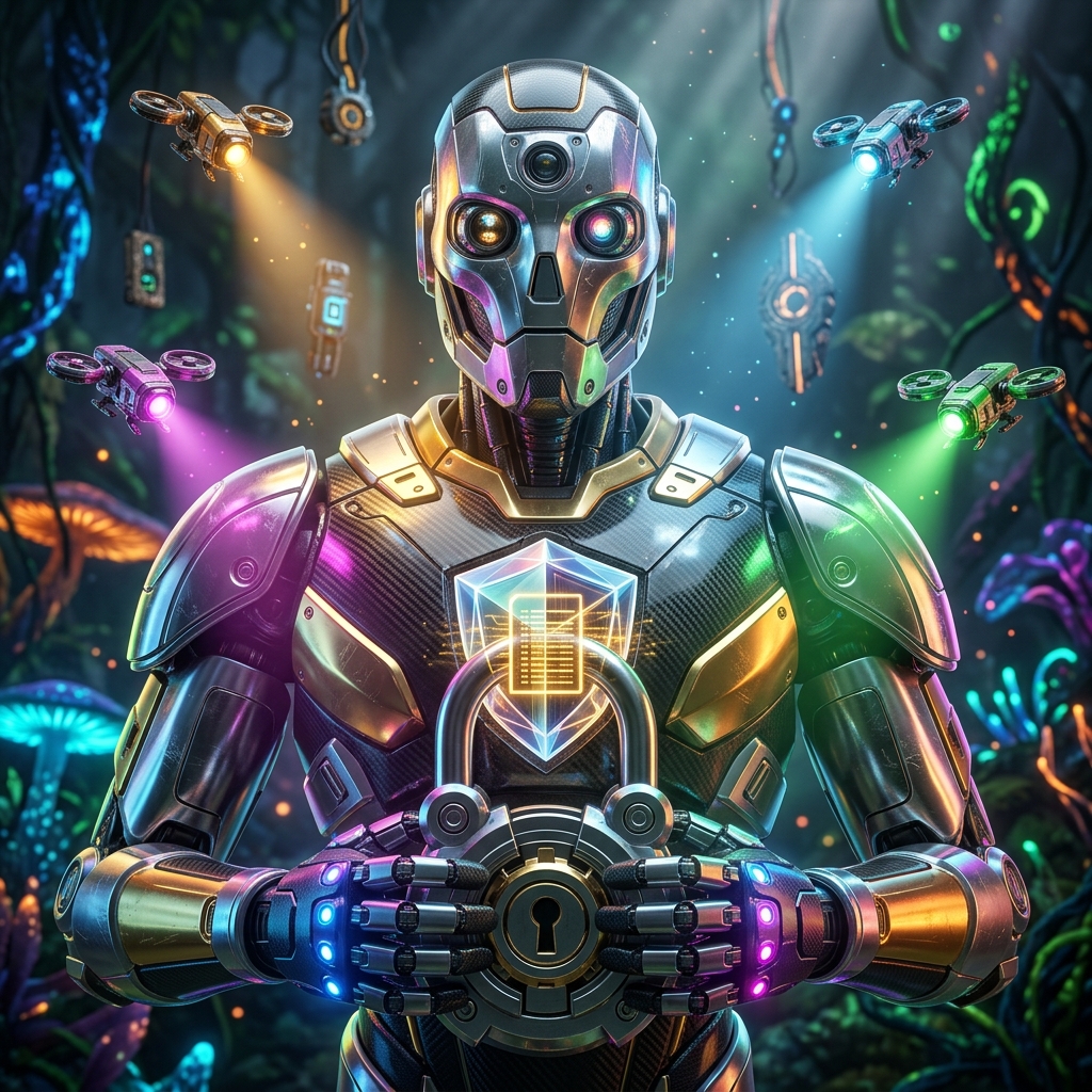 AuditVault | Compliance Intelligence Ledger — Accounting category hero — glowing digital shield / padlock / crown / crystal object at the frame center, protected by hovering tech drones in alien jungle biome with glowing flora and floating tech artifacts