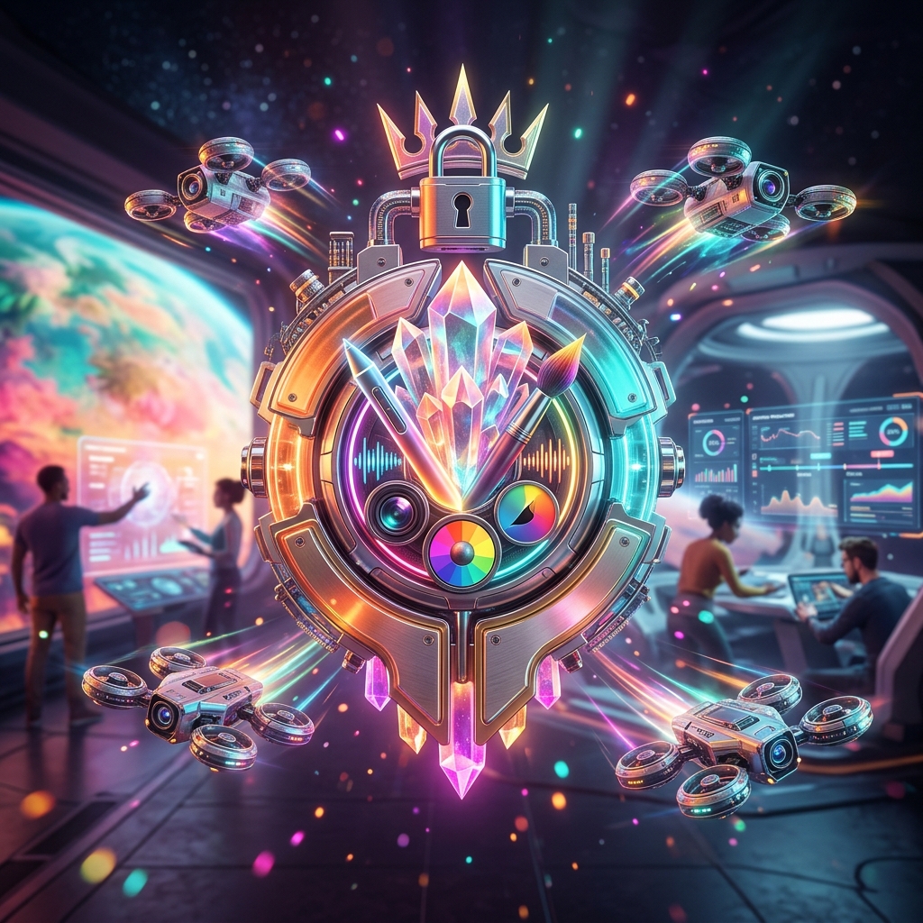 AuraFrame Studio — Creative Production Command — Design Tools category hero — glowing digital shield / padlock / crown / crystal object at the frame center, protected by hovering tech drones in orbital space station observation deck with a planet glowing outside the panoramic window