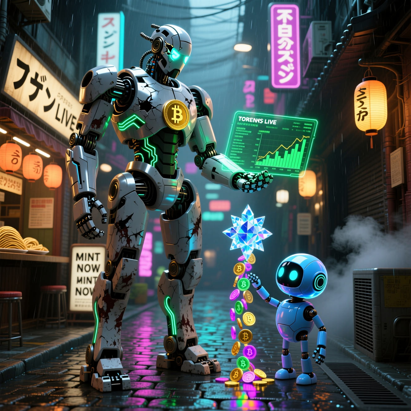 AuroraMint Studio · Crypto Asset Production Suite — Crypto News category hero — duo of contrasting robots — one large hero mech and a small companion droid — composed cinematically in Blade-Runner-style noodle-shop alley with dense neon signage in the background