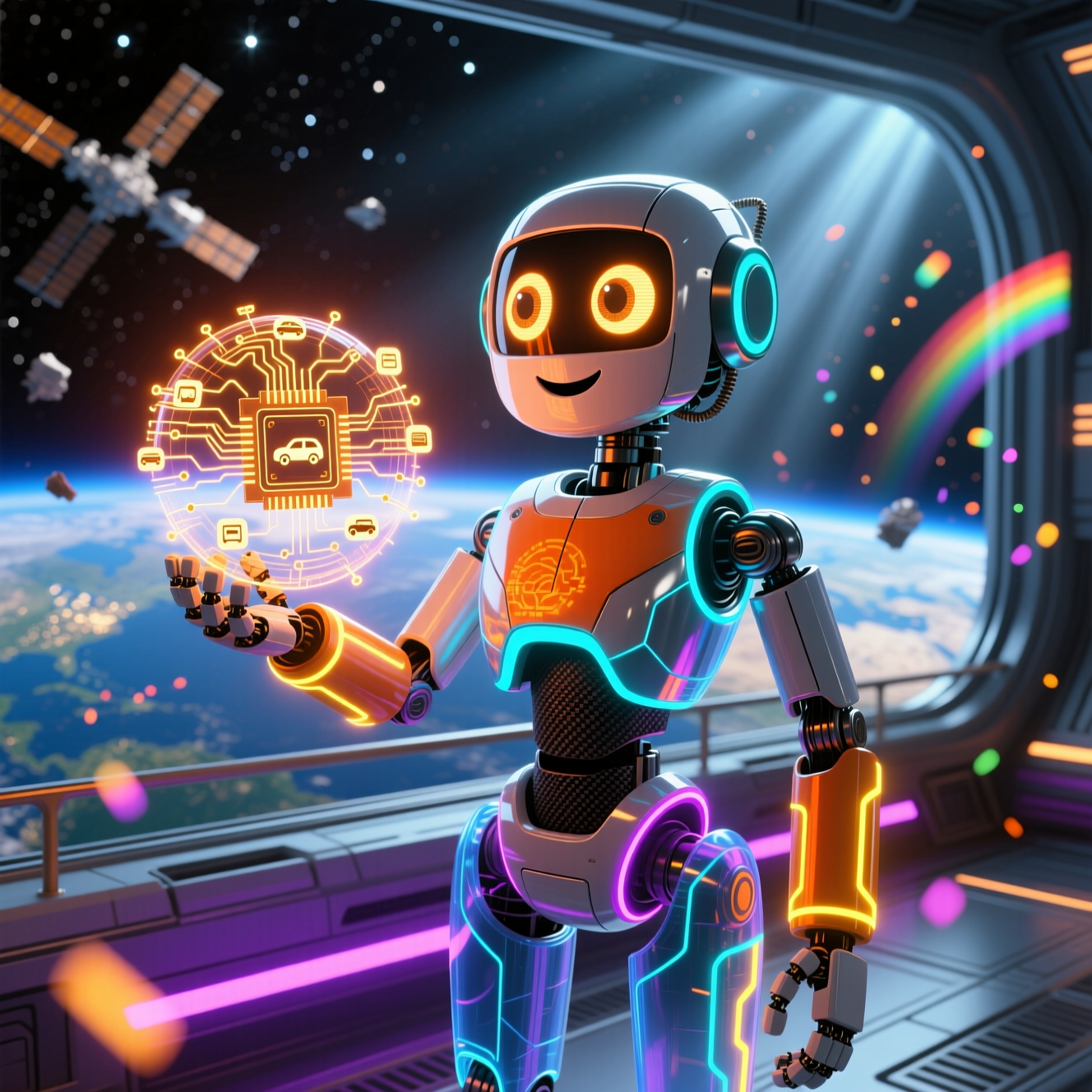 AutoNexus Fleet Command — Supply Chain Neural Board for Car Rent — Business Management category hero — friendly Pixar-quality mascot robot with big expressive optical eyes, holding an object that represents the category in orbital space station observation deck with a planet glowing outside the panoramic window