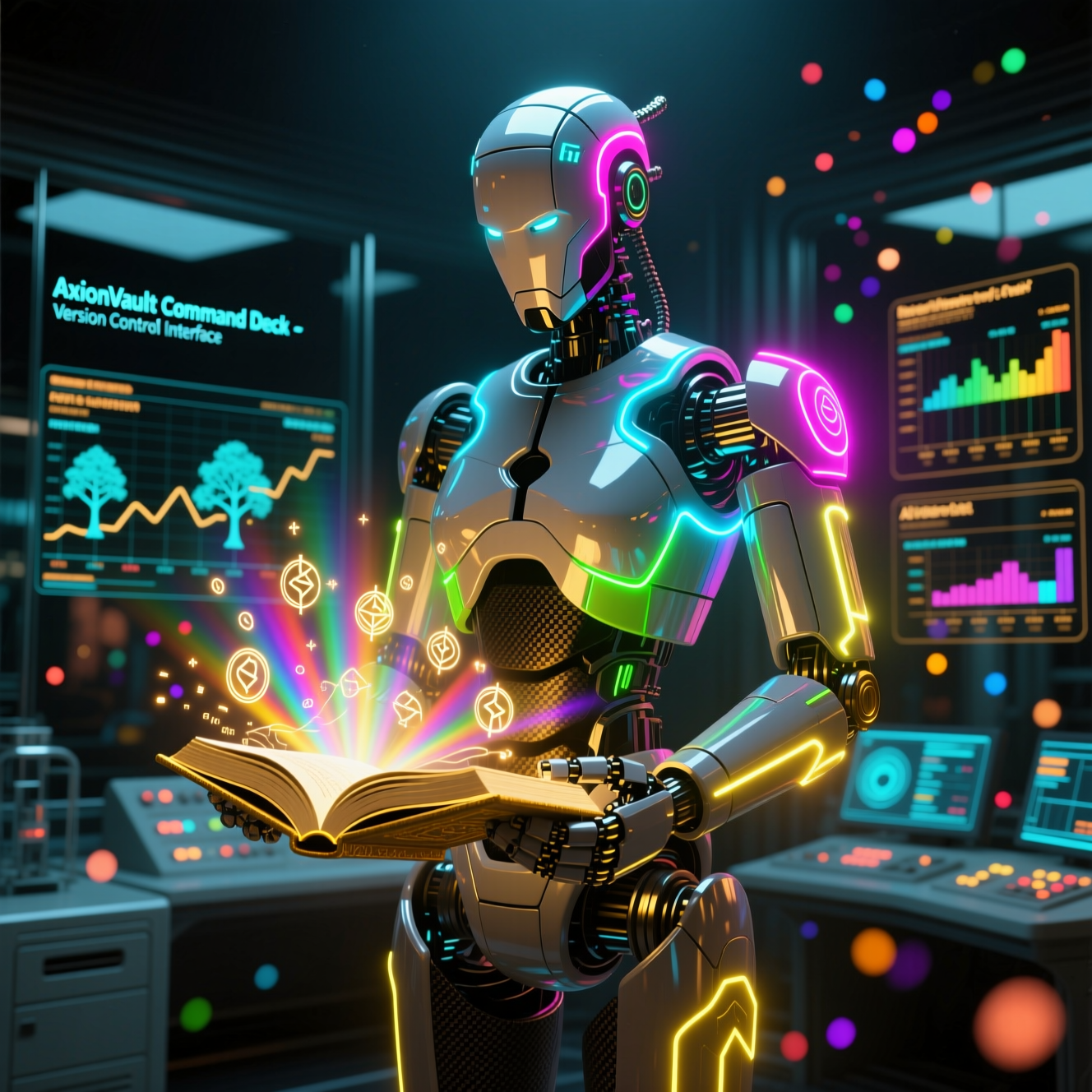 AxionVault Control Room — Experiment Command Deck — Version Control category hero — sci-fi wizard robot with a floating spellbook of holographic glyphs and light particles in sleek high-tech laboratory with glass walls, floating data panels and particle light