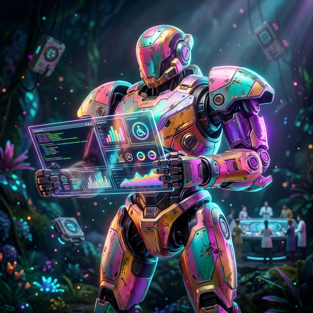 BarrierFlow – Accessibility Financial Strategy Terminal — Accessibility category hero — war-worn but heroic mech pilot robot with painted panels, weathered detail, cinematic hero lighting in alien jungle biome with glowing flora and floating tech artifacts