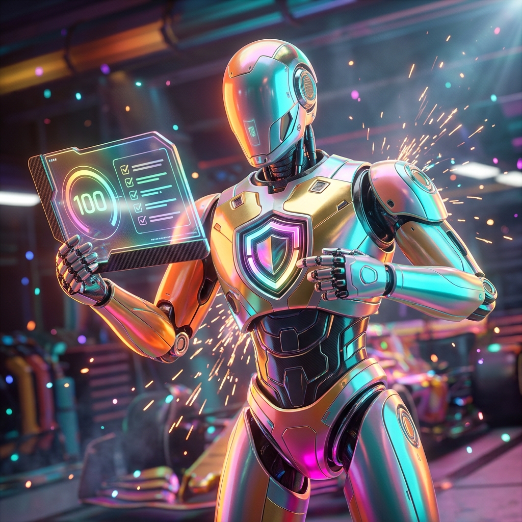 BarrierScan – Accessibility Compliance Intelligence Ledger — Accessibility category hero — chrome-plated bipedal android caught mid-motion, sparks and light particles trailing around it in Formula-1 style pit garage with saturated color lighting and mechanical detail