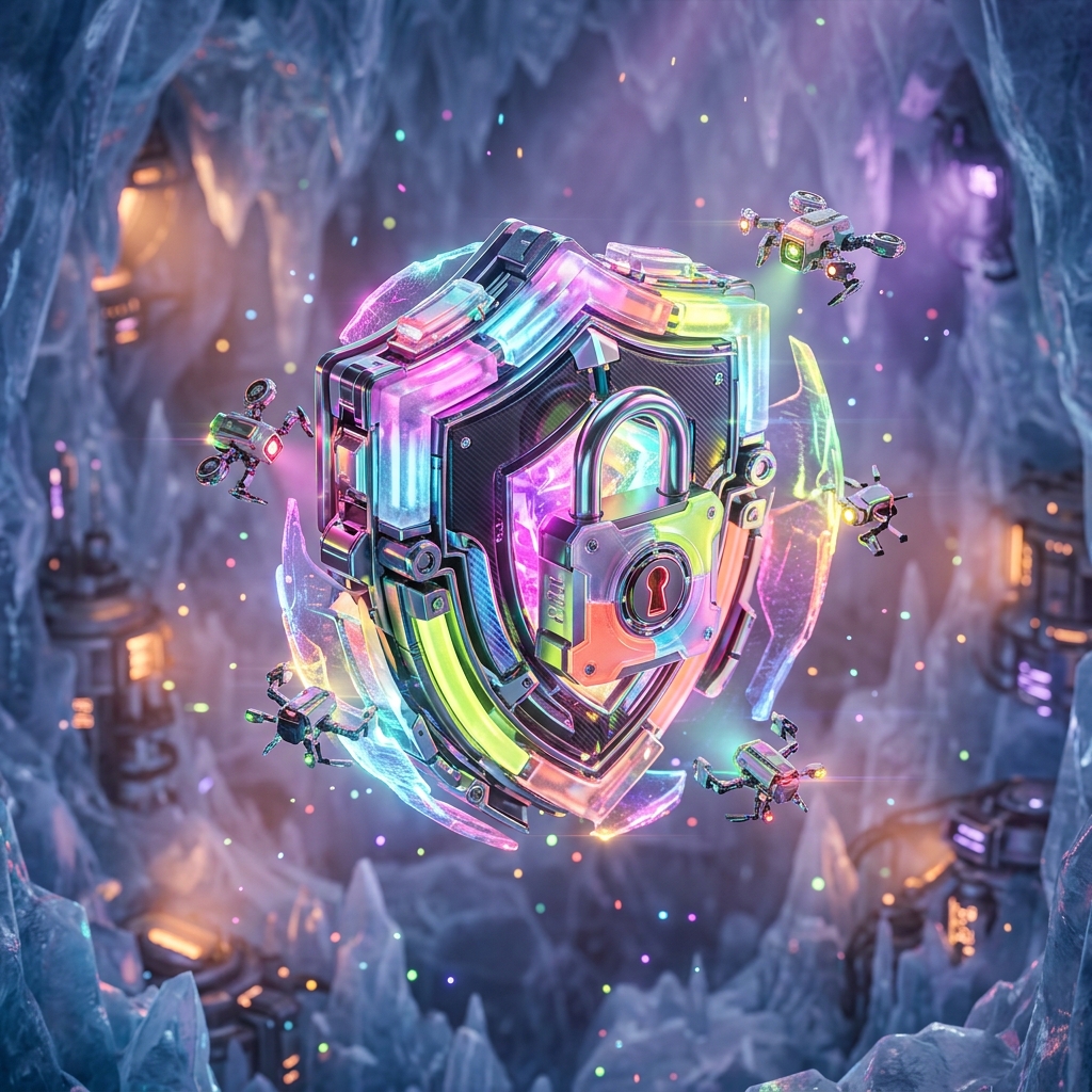BarrierScan · Accessibility Field Command — Accessibility category hero — glowing digital shield / padlock / crown / crystal object at the frame center, protected by hovering tech drones in crystalline ice cavern lit by bioluminescent tech installations