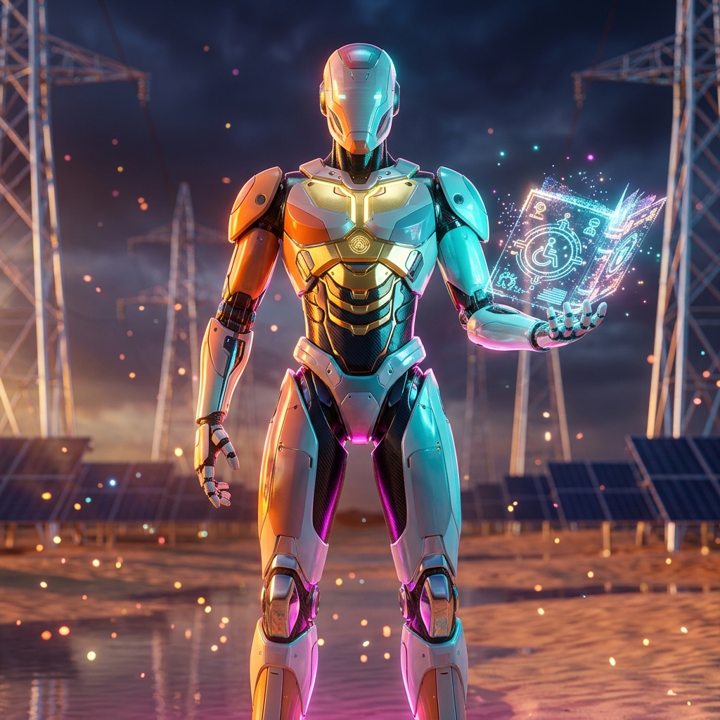 BarrierScan — Accessibility Mission Control — Accessibility category hero — sci-fi wizard robot with a floating spellbook of holographic glyphs and light particles in desert solar farm at magic hour with reflective sand and towering chrome pylons