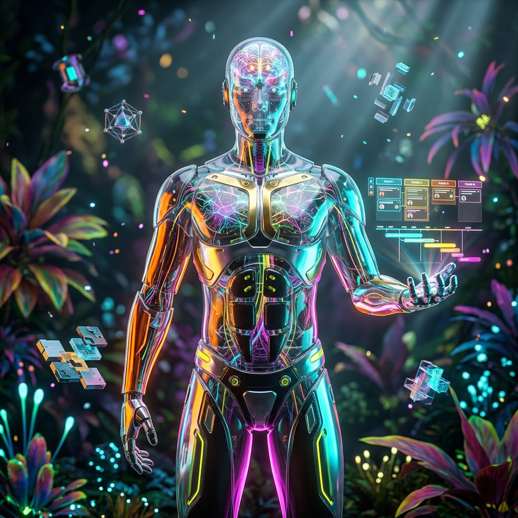 BarrierScan — Studio Production Suite — Design Tools category hero — translucent glass humanoid figure with a glowing neural-network brain visible inside its head in alien jungle biome with glowing flora and floating tech artifacts
