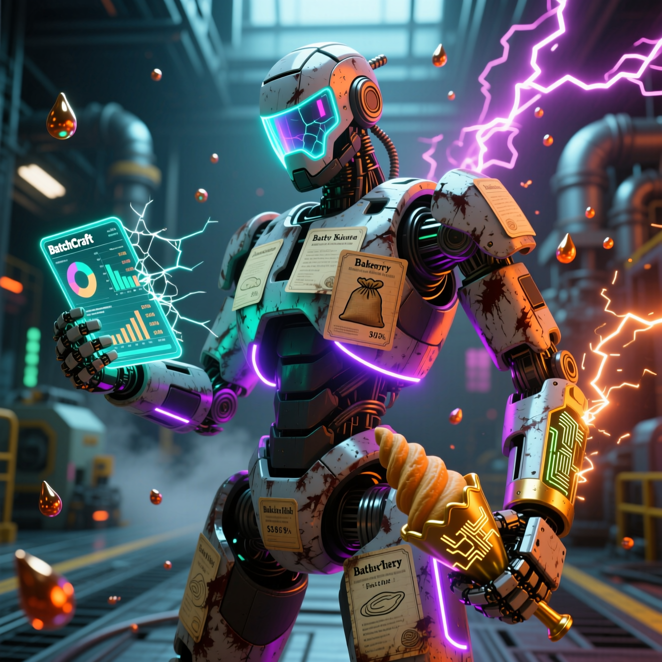 BatchCraft Studio — Bakery Cost & Batch Production Suite — Recipe category hero — war-worn but heroic mech pilot robot with painted panels, weathered detail, cinematic hero lighting in magnetic-levitation factory floor with sparking arcs of electricity and machinery