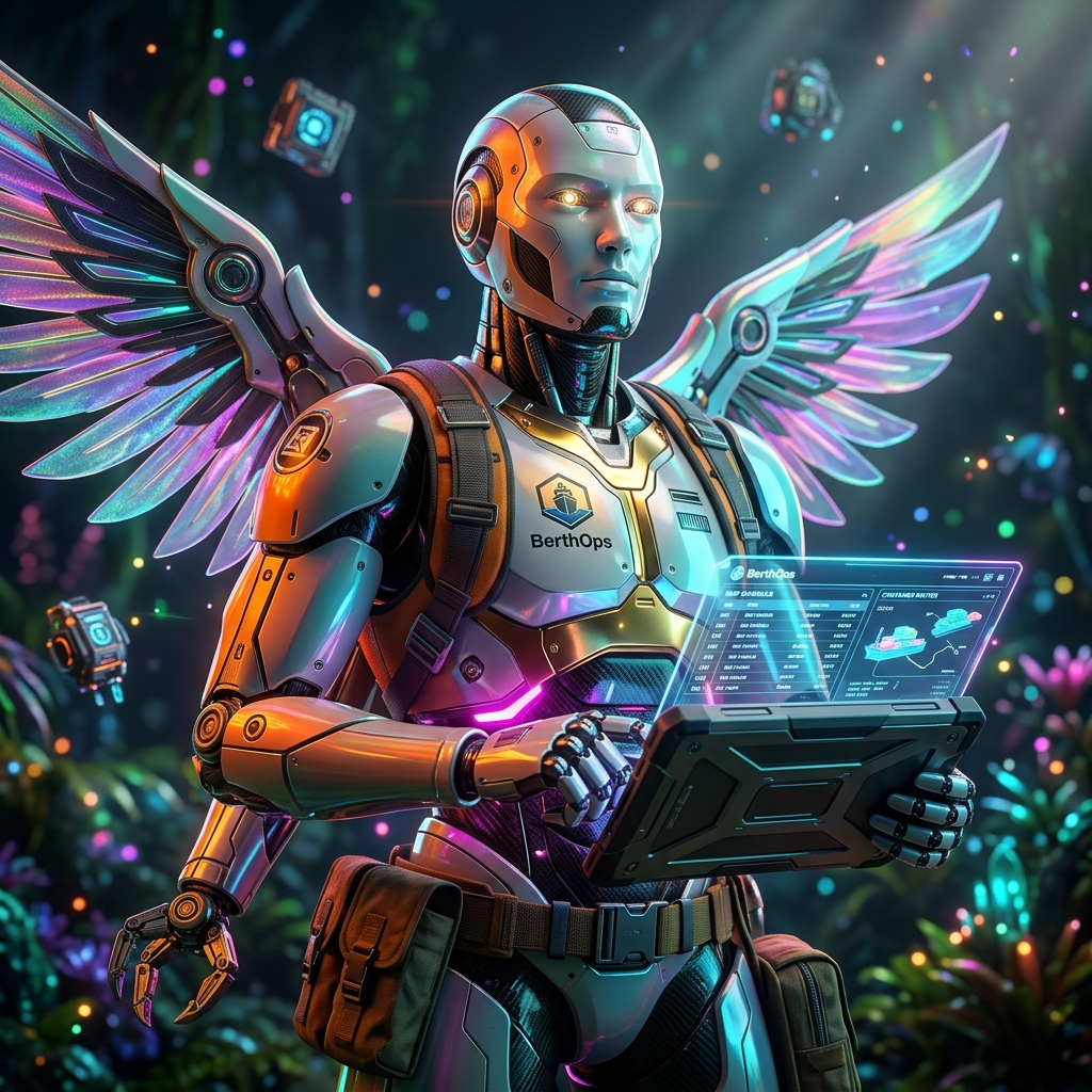 BerthOps Command — Dock Worker Coordination Console — Shipping & Logistics category hero — courier-style android with iridescent wings unfurled, mid-flight silhouette against the environment in alien jungle biome with glowing flora and floating tech artifacts