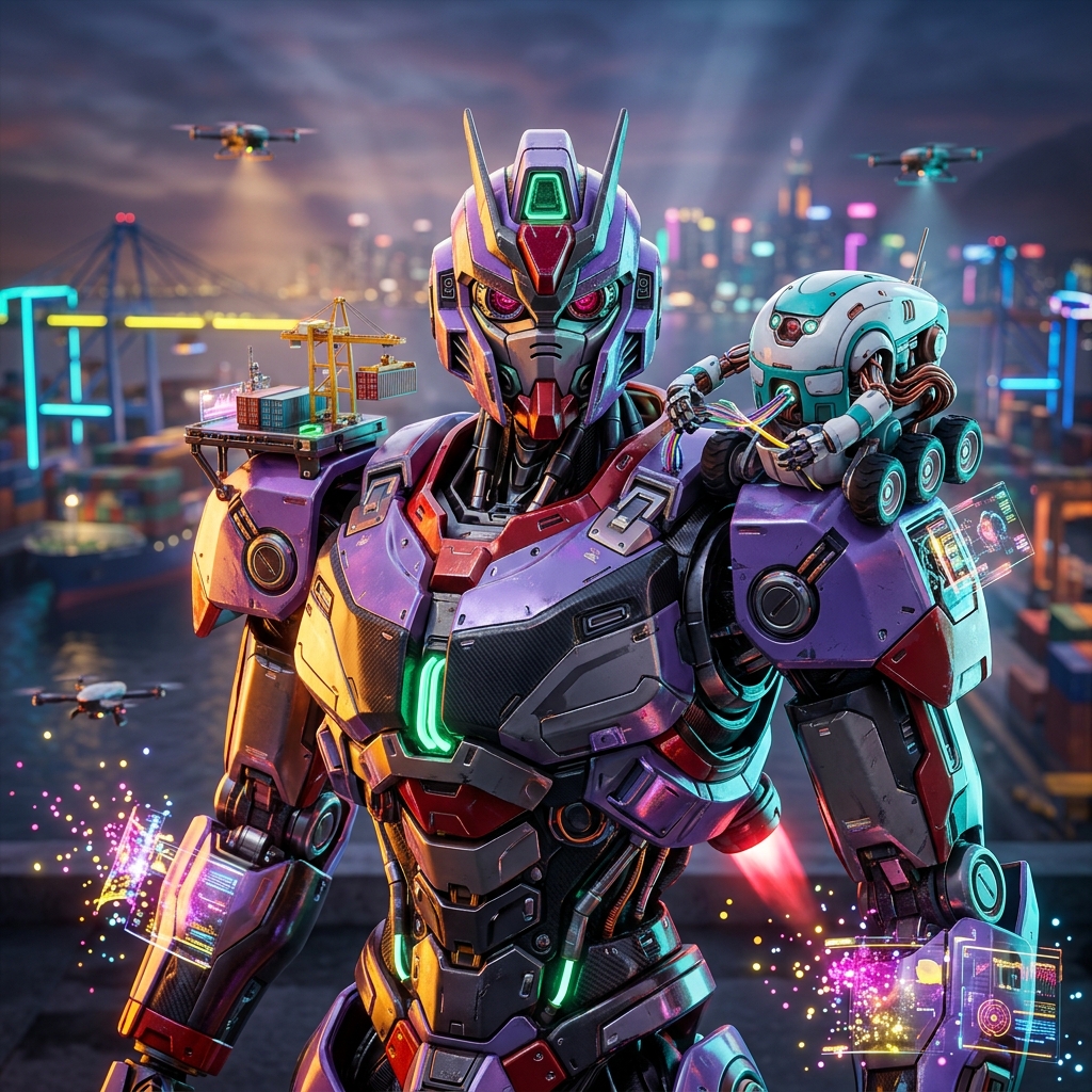 BerthOps Command — Quayside Mission Control — Shipping & Logistics category hero — duo of contrasting robots — one large hero mech and a small companion droid — composed cinematically in rooftop overlooking a neon megacity skyline at dusk, drones flying in the distance