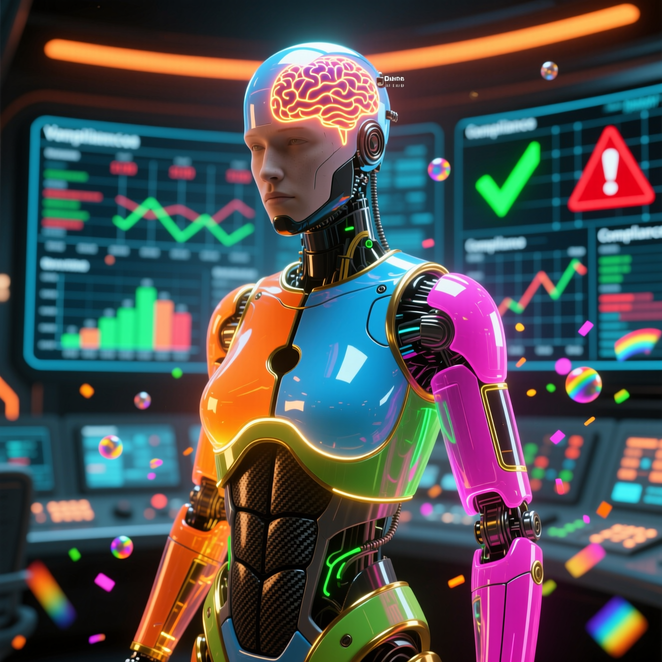 BidMatrix Command — Supplier Bid Evaluation Console — Version Control category hero — translucent glass humanoid figure with a glowing neural-network brain visible inside its head in futuristic control room with massive glowing holographic screens and volumetric light rays