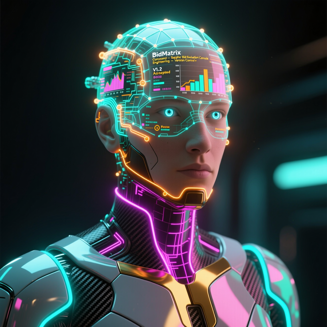 BidMatrix Command — Supplier Bid Evaluation Console Engineering — Version Control category hero — wireframe holographic human head made of glowing data points, floating in the frame center in futuristic control room with massive glowing holographic screens and volumetric light rays
