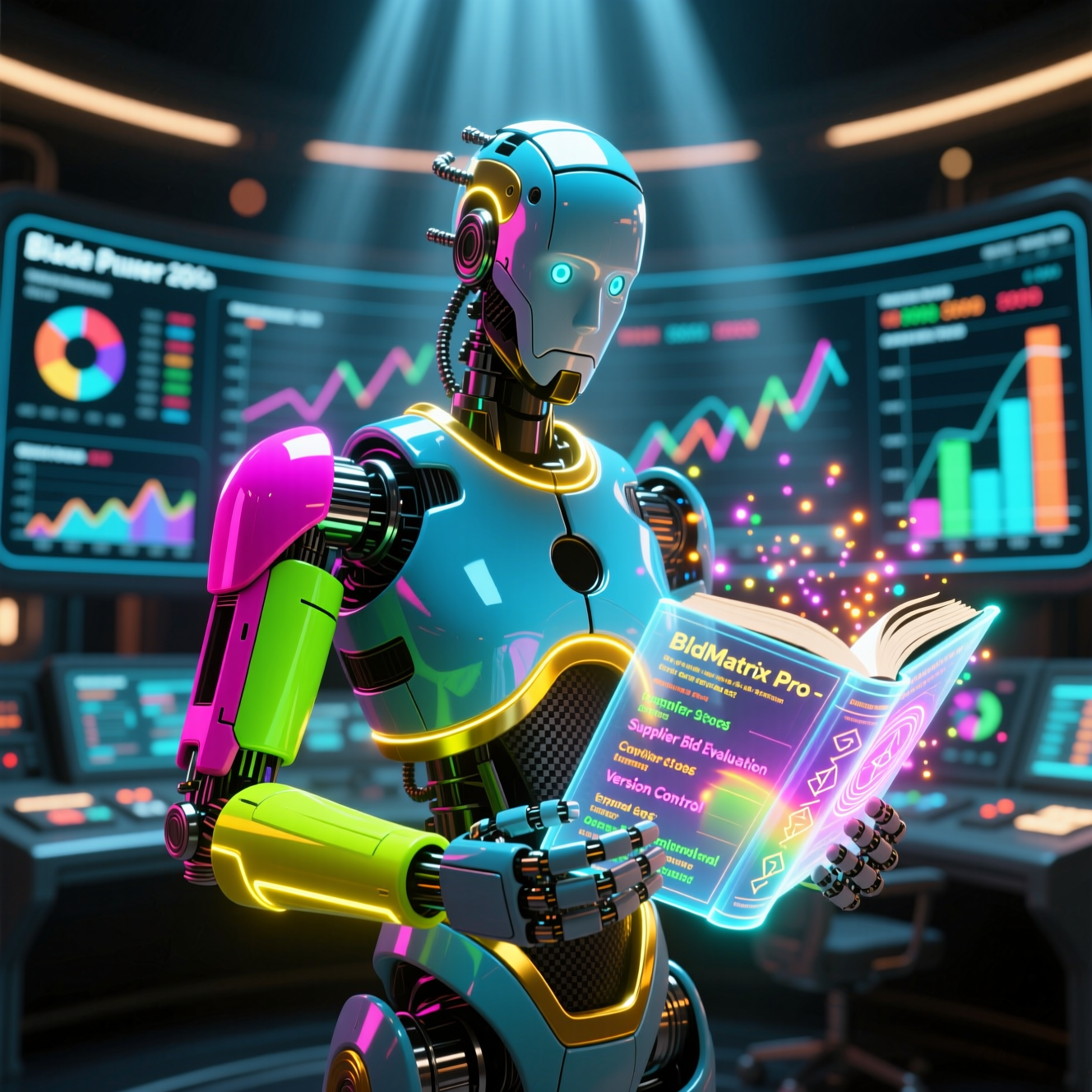 BidMatrix Pro — Supplier Bid Evaluation Command — Version Control category hero — sci-fi wizard robot with a floating spellbook of holographic glyphs and light particles in futuristic control room with massive glowing holographic screens and volumetric light rays