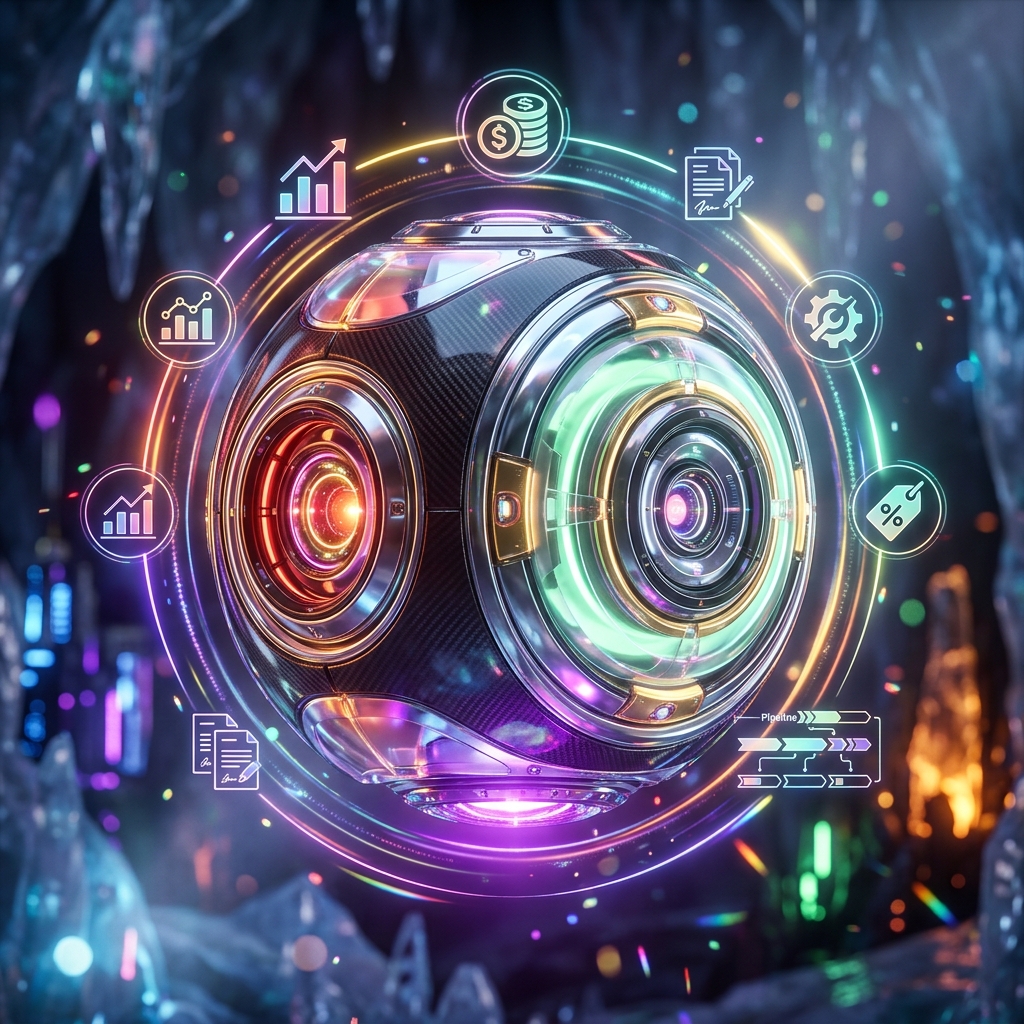 BidPilot — Quotation, Proposal & CPQ Command Console — Business Management category hero — floating spherical AI orb with concentric glowing rings and orbiting holographic icons around it in crystalline ice cavern lit by bioluminescent tech installations