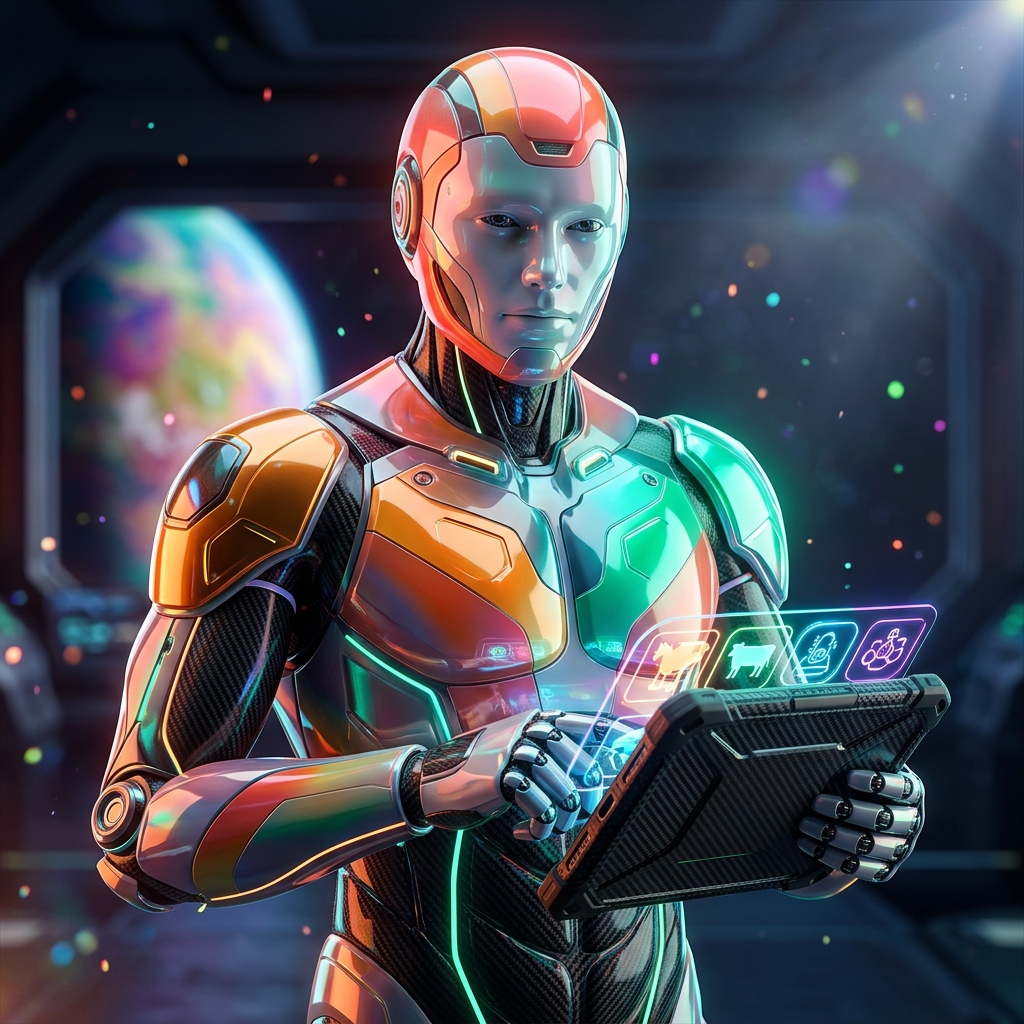 Biocontrol Ledger — Farm Biosecurity Command — Business Management category hero — sleek sports-car-inspired bipedal android mid-motion, carbon-fiber musculature and glowing accent lines in orbital space station observation deck with a planet glowing outside the panoramic window