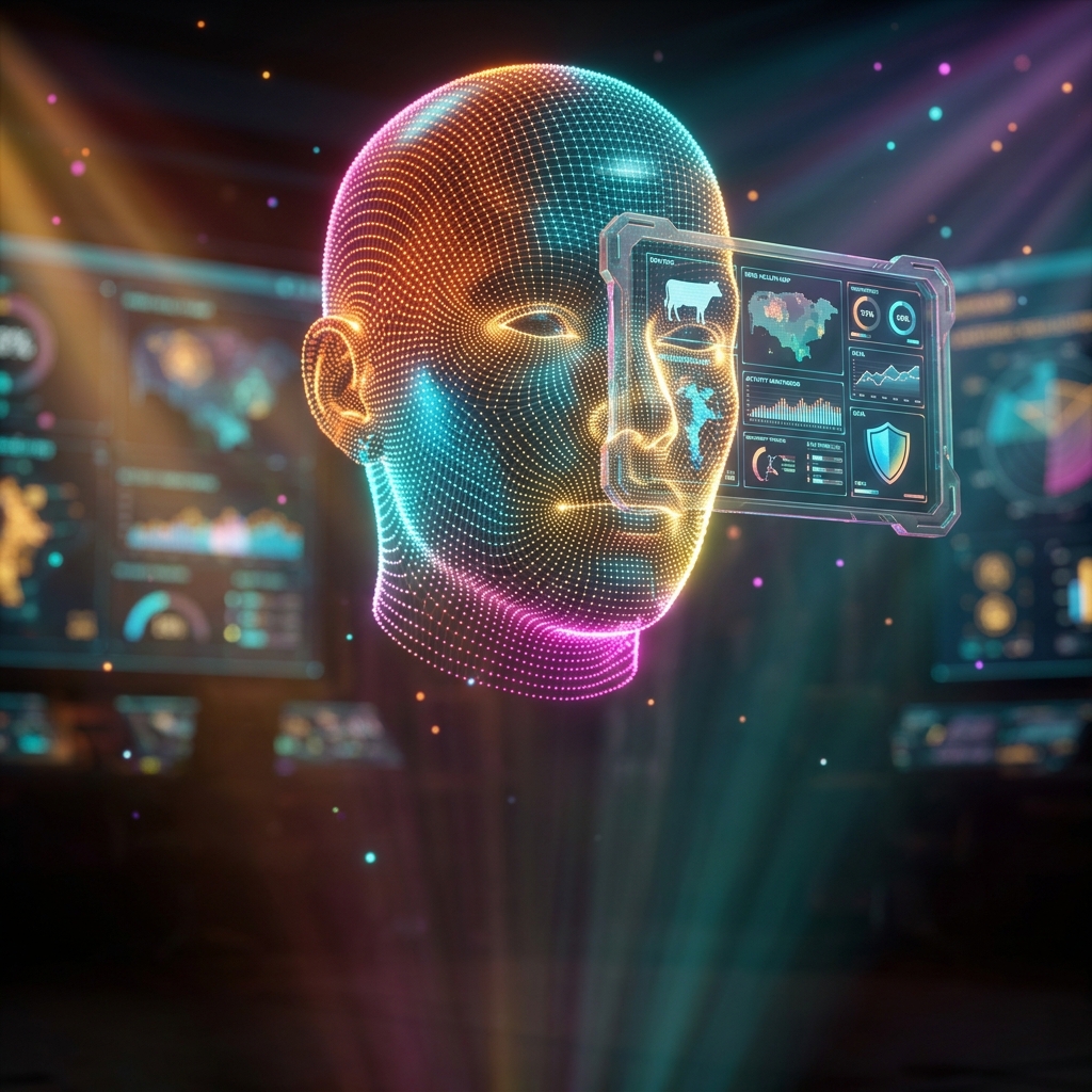 BioShield Livestock Command | Farm Biosecurity Command — Business Management category hero — wireframe holographic human head made of glowing data points, floating in the frame center in futuristic control room with massive glowing holographic screens and volumetric light rays