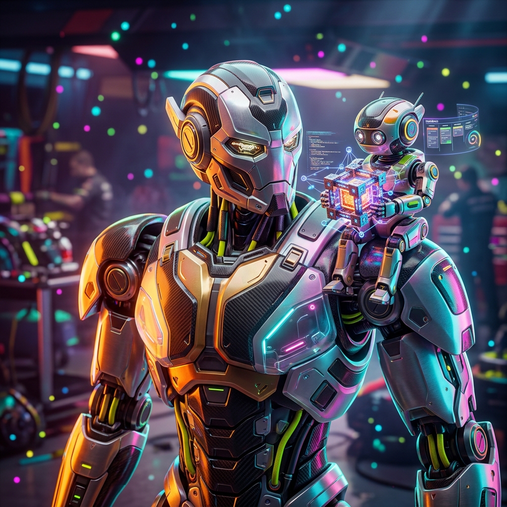 BlockForge Studio – Production Suite — Blockchain category hero — duo of contrasting robots — one large hero mech and a small companion droid — composed cinematically in Formula-1 style pit garage with saturated color lighting and mechanical detail