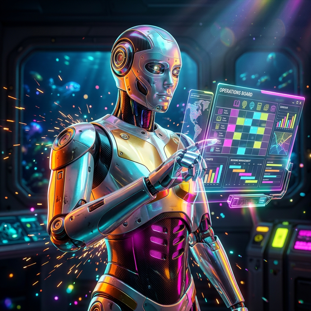 Board | TutorGrid Pro — Booking category hero — chrome-plated bipedal android caught mid-motion, sparks and light particles trailing around it in deep-sea research bay with bulkhead windows onto a bioluminescent ocean
