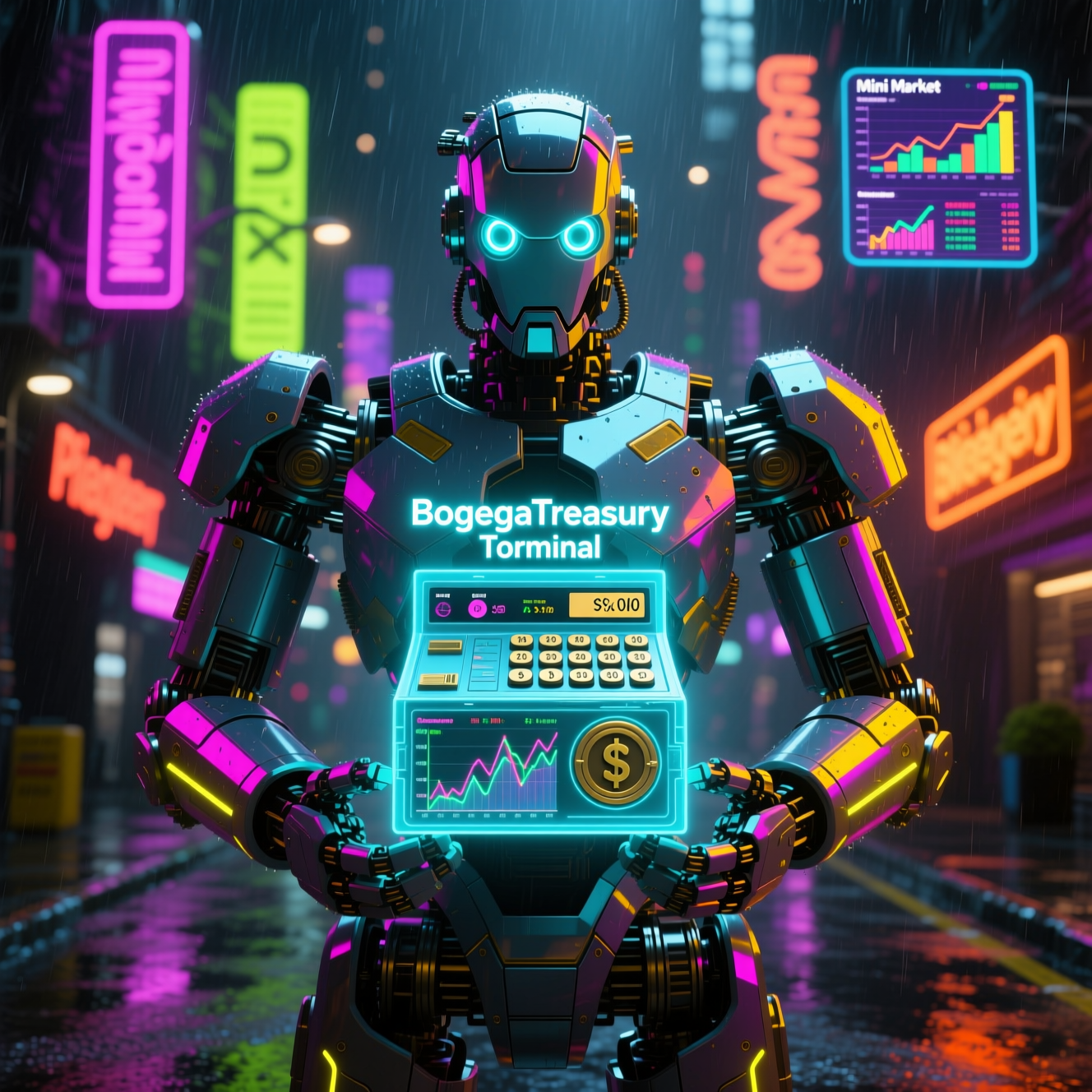 BodegaTreasury Terminal — Mini Market Financial Strategy — Investment & Market Insights category hero — heavily armored guardian robot holding a symbolic emblem of the category with both hands in neon-lit cyberpunk street at night, wet pavement reflections, hovering holograms in the background