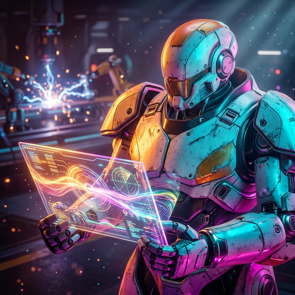 BookFlow Command Center — Booking Operations Mission Control — Booking category hero — war-worn but heroic mech pilot robot with painted panels, weathered detail, cinematic hero lighting in magnetic-levitation factory floor with sparking arcs of electricity and machinery