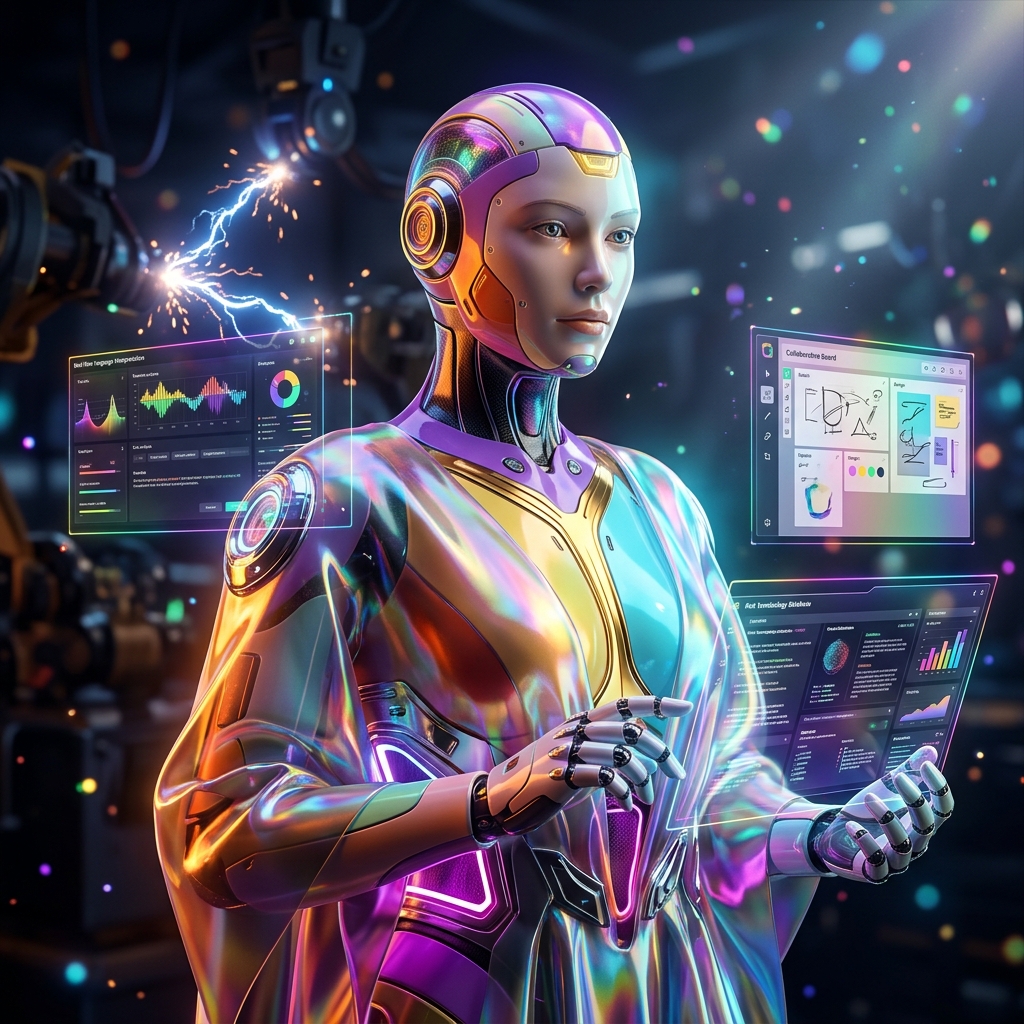 Booth Partner Pro — Interpreter Command — Art category hero — elegant fashion-forward android in flowing reflective couture fabric, editorial pose in magnetic-levitation factory floor with sparking arcs of electricity and machinery