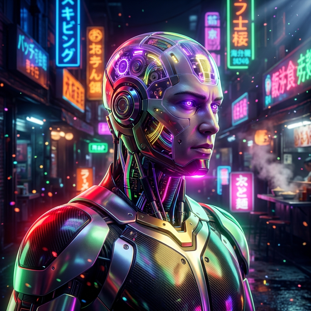 Booth Partner Pro | Simultaneous Interpreter Cockpit — Art category hero — cinematic cyborg character seen in three-quarter profile, exposed circuitry glowing beneath translucent skin, intense neon rim light in Blade-Runner-style noodle-shop alley with dense neon signage in the background