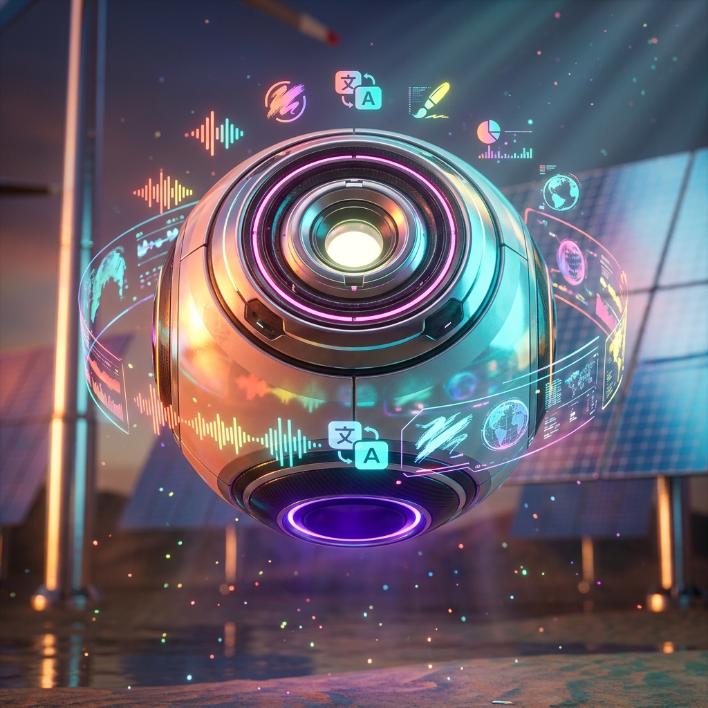 Booth Partner Pro — Simultaneous Interpreter Console — Art category hero — floating spherical AI orb with concentric glowing rings and orbiting holographic icons around it in desert solar farm at magic hour with reflective sand and towering chrome pylons