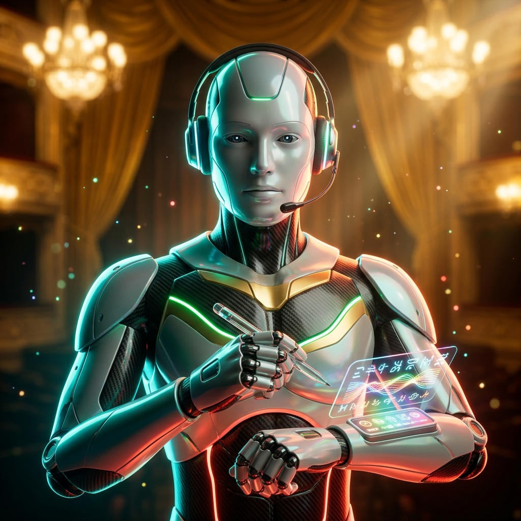 Booth Partner Pro — Simultaneous Interpreter Console Compliance — Art category hero — sleek sports-car-inspired bipedal android mid-motion, carbon-fiber musculature and glowing accent lines in golden-lit theater interior with heavy velvet curtains and cinematic chandeliers
