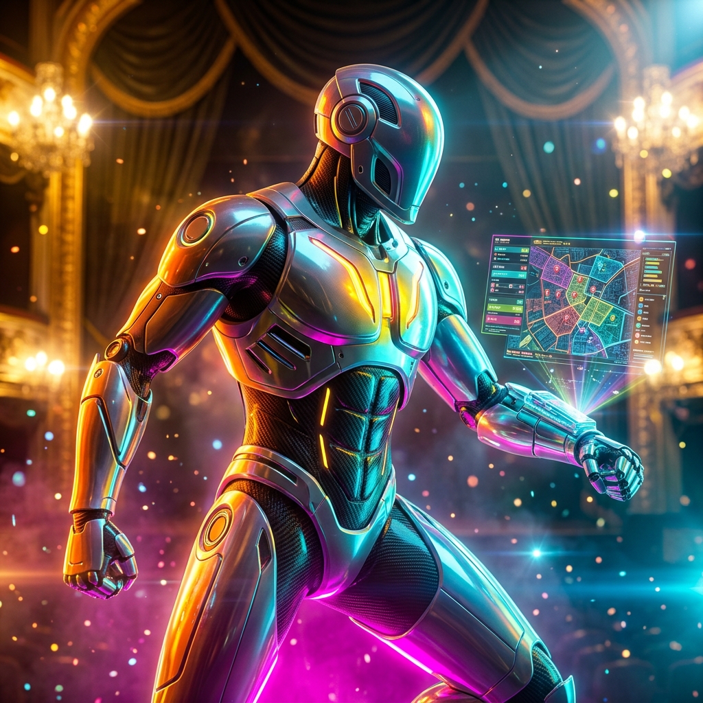 BotForge OpsGrid | Chatbot Field Operations Dispatch — Chatbots category hero — sleek sports-car-inspired bipedal android mid-motion, carbon-fiber musculature and glowing accent lines in golden-lit theater interior with heavy velvet curtains and cinematic chandeliers