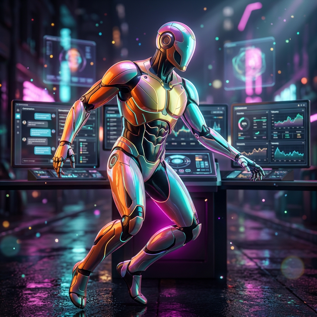BotOrchestra – Mission Control for Chatbot Operations — Chatbots category hero — sleek sports-car-inspired bipedal android mid-motion, carbon-fiber musculature and glowing accent lines in neon-lit cyberpunk street at night, wet pavement reflections, hovering holograms in the background