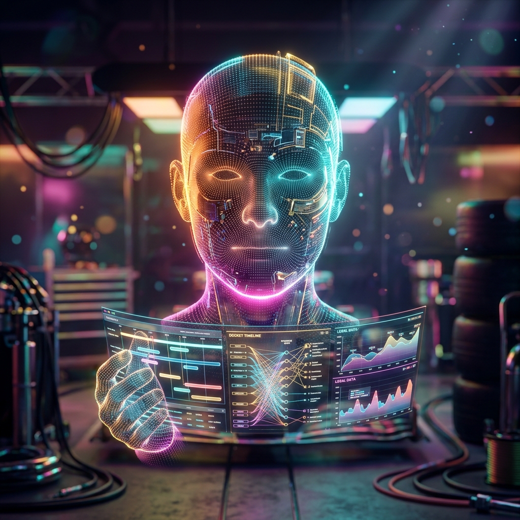 Briefline Atlas | Legal Matter Operations — Legal category hero — wireframe holographic human head made of glowing data points, floating in the frame center in Formula-1 style pit garage with saturated color lighting and mechanical detail