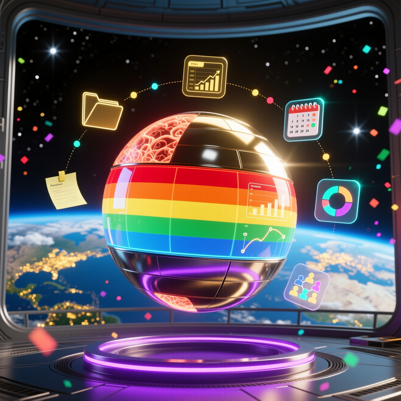 Brightline Studio — Business Production OS — Business Management category hero — floating spherical AI orb with concentric glowing rings and orbiting holographic icons around it in orbital space station observation deck with a planet glowing outside the panoramic window