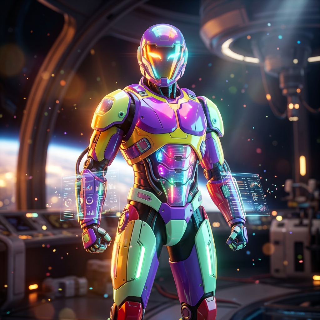 Buildline Studio — Construction Production Suite — Project Management category hero — hyper-detailed humanoid robot with glossy plating and glowing visor eyes, striking a confident hero pose in the center of the frame in orbital space station observation deck with a planet glowing outside the panoramic window