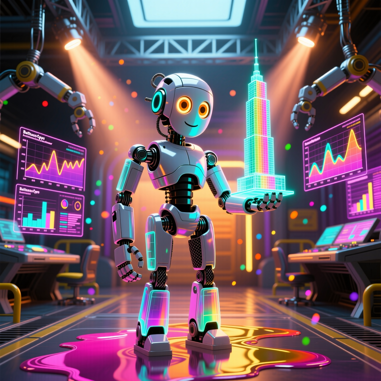 ButtressOps — Architectural Reliability Command Center — Architecture category hero — friendly Pixar-quality mascot robot with big expressive optical eyes, holding an object that represents the category in Formula-1 style pit garage with saturated color lighting and mechanical detail