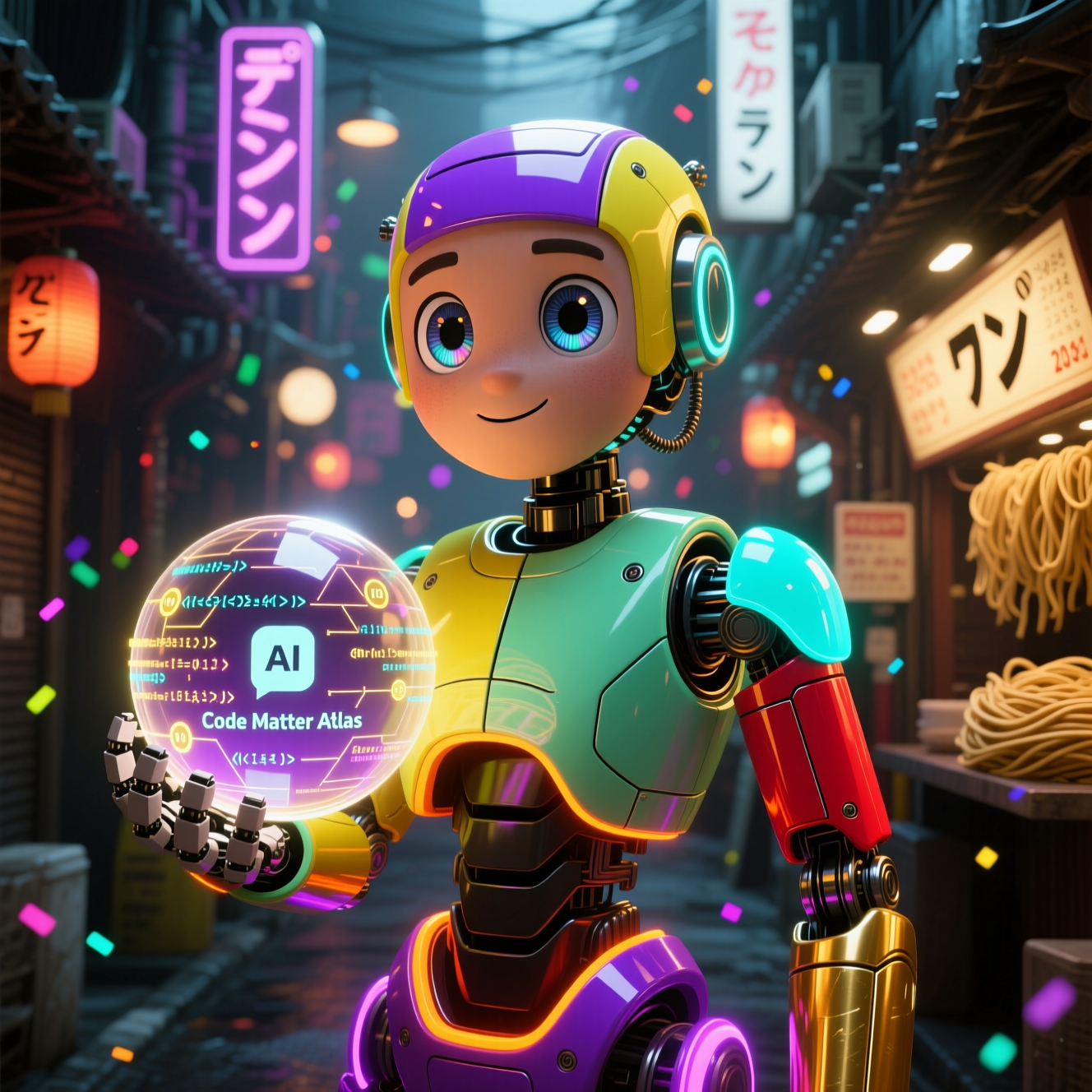 ByteDocket — Code Matter Atlas & Deadline Cockpit — Coding category hero — friendly Pixar-quality mascot robot with big expressive optical eyes, holding an object that represents the category in Blade-Runner-style noodle-shop alley with dense neon signage in the background