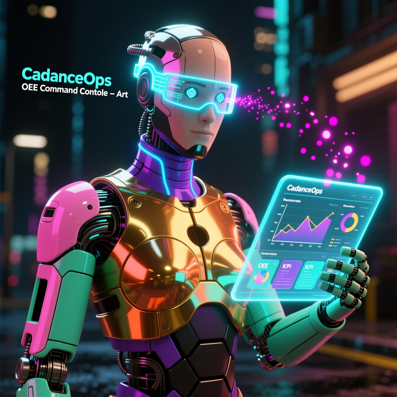 CadenceOps OEE Command Console — Art category hero — hyper-detailed humanoid robot with glossy plating and glowing visor eyes, striking a confident hero pose in the center of the frame in neon-lit cyberpunk street at night, wet pavement reflections, hovering holograms in the background