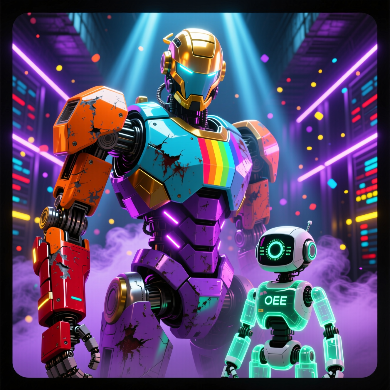 CadenceOps OEE — Shift Control Command — Art category hero — duo of contrasting robots — one large hero mech and a small companion droid — composed cinematically in underground rave-like data cathedral with laser beams cutting through smoke