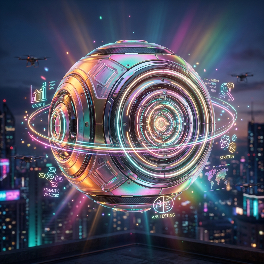 Campaign Atelier — Creative War Room for NLP Growth Teams — Natural Language Processing category hero — floating spherical AI orb with concentric glowing rings and orbiting holographic icons around it in rooftop overlooking a neon megacity skyline at dusk, drones flying in the distance