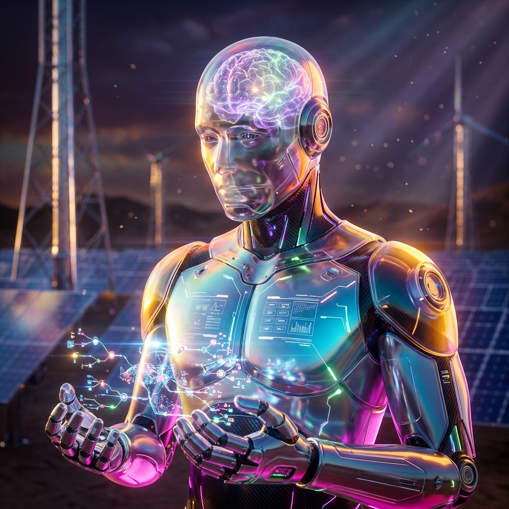Campaign Atlas — Creative Campaign War Room — Marketing Tools category hero — translucent glass humanoid figure with a glowing neural-network brain visible inside its head in desert solar farm at magic hour with reflective sand and towering chrome pylons