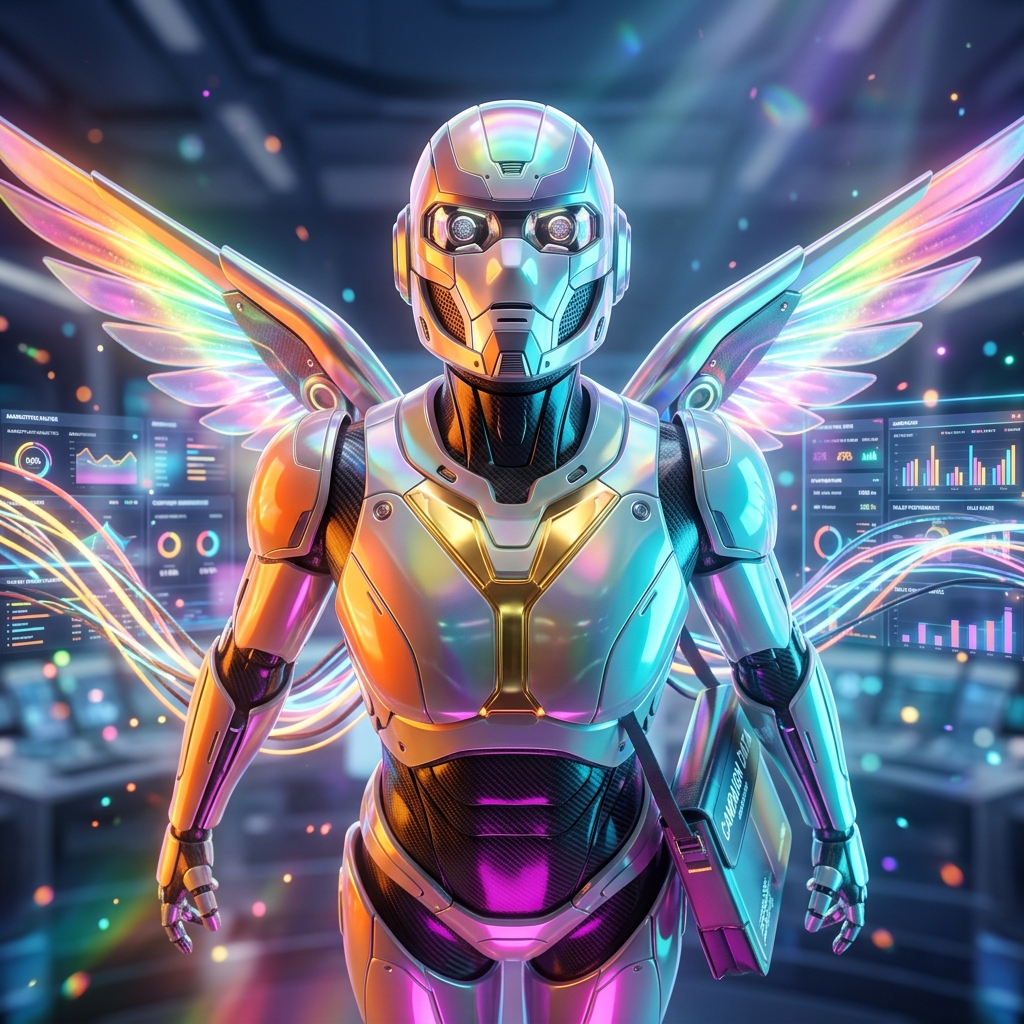 Campaign Command Wall — Creative Campaign War Room — Marketing Tools category hero — courier-style android with iridescent wings unfurled, mid-flight silhouette against the environment in sleek high-tech laboratory with glass walls, floating data panels and particle light
