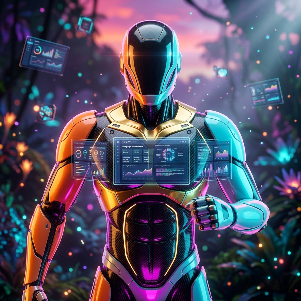 Campaign Command Wall | Swarm Orchestrator — Natural Language Processing category hero — sleek sports-car-inspired bipedal android mid-motion, carbon-fiber musculature and glowing accent lines in alien jungle biome with glowing flora and floating tech artifacts
