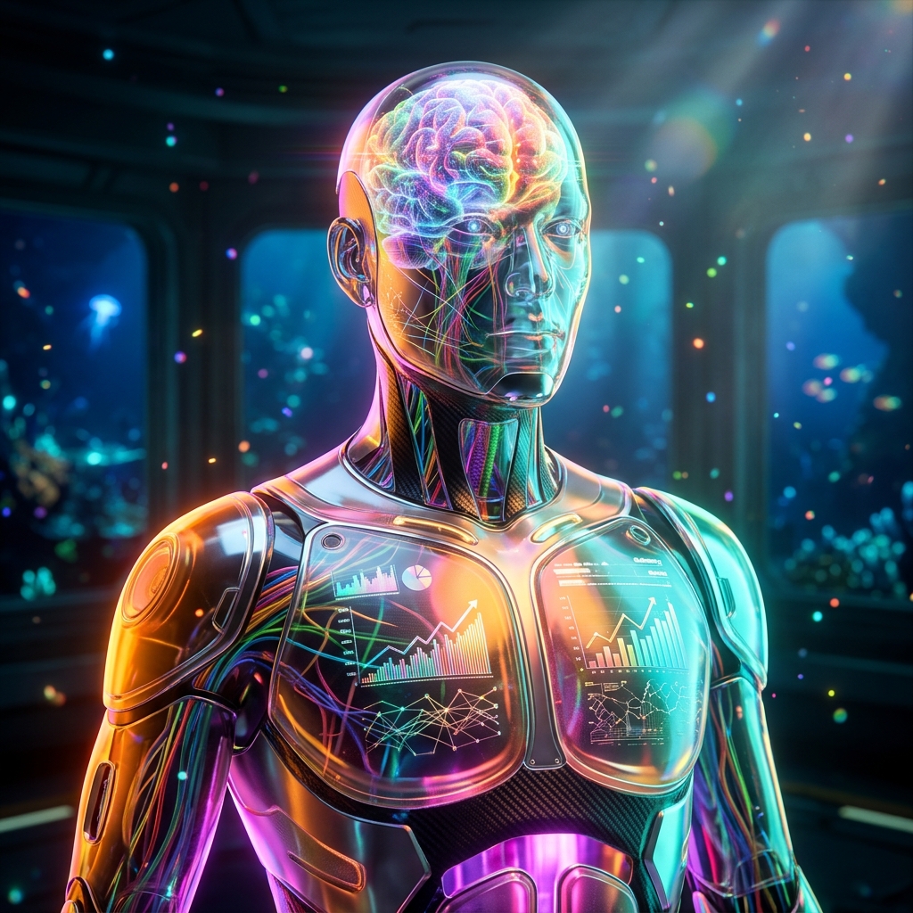 Campaign War Room — Growth Command — Rideshare category hero — translucent glass humanoid figure with a glowing neural-network brain visible inside its head in deep-sea research bay with bulkhead windows onto a bioluminescent ocean