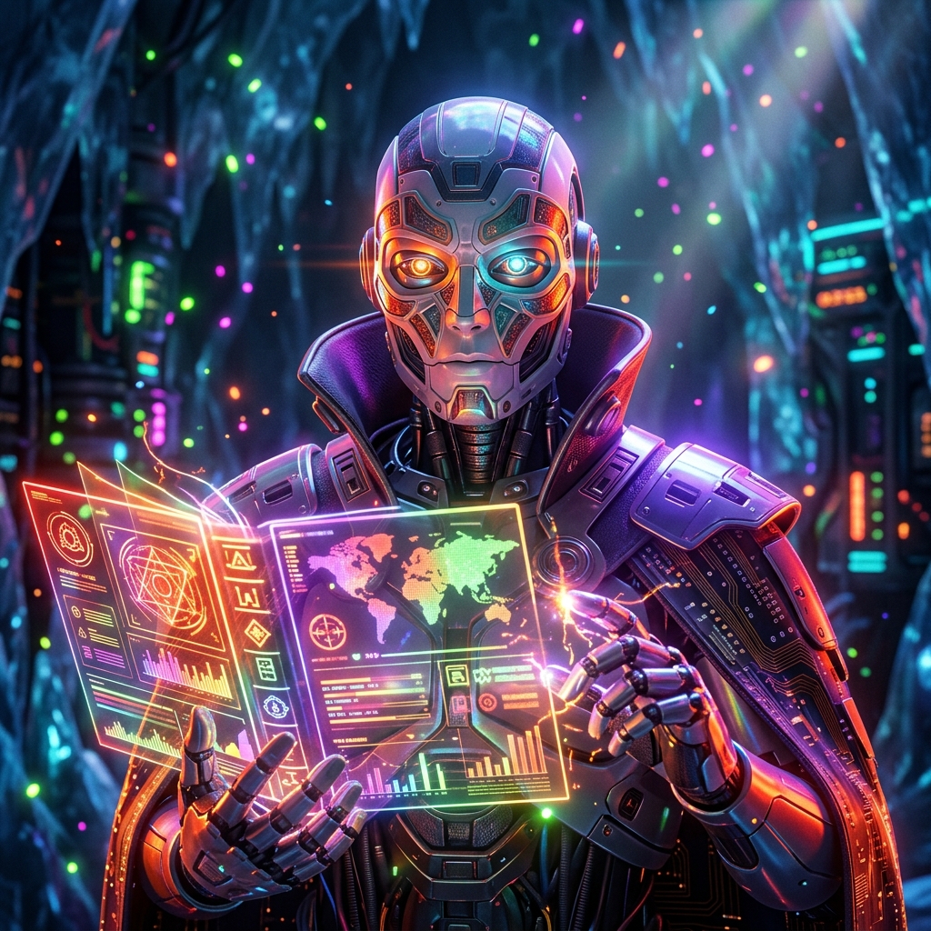 Campaign War Room — LicenseLedger Command — Business Management category hero — sci-fi wizard robot with a floating spellbook of holographic glyphs and light particles in crystalline ice cavern lit by bioluminescent tech installations