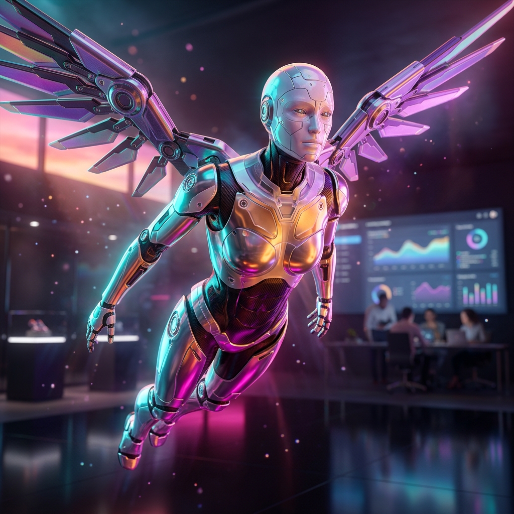 Campaign War Room | Meridian Ops — Marketing Tools category hero — courier-style android with iridescent wings unfurled, mid-flight silhouette against the environment in chrome-and-glass showroom with mirrored floor and rim-lit product staging