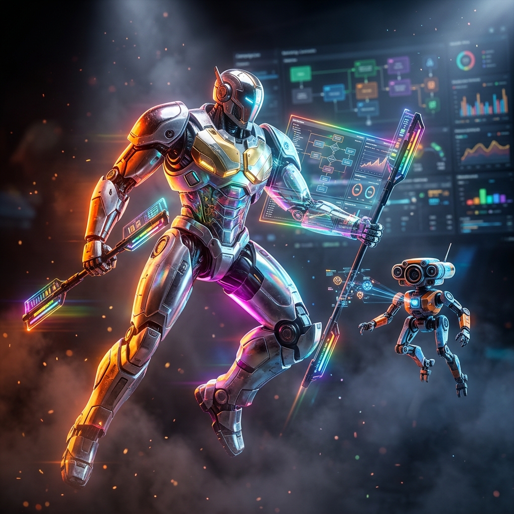 CampaignCore · Marketing Automation Mission Console — Automation category hero — duo of contrasting robots — one large hero mech and a small companion droid — composed cinematically in dark cinematic stage with dramatic spotlights streaming down and a hazy atmospheric fog