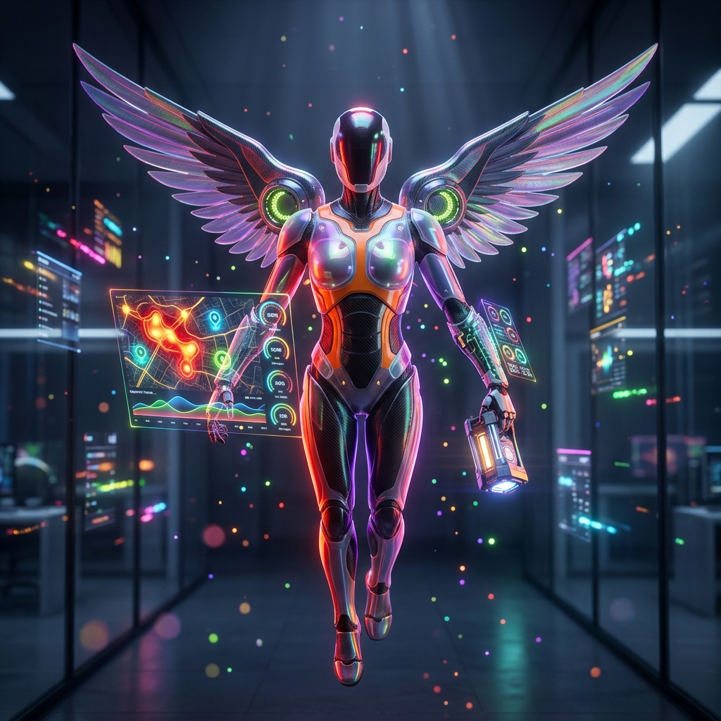 CampaignGrid — Field Operations Dispatch for Marketing Automatio — Automation category hero — courier-style android with iridescent wings unfurled, mid-flight silhouette against the environment in sleek high-tech laboratory with glass walls, floating data panels and particle light
