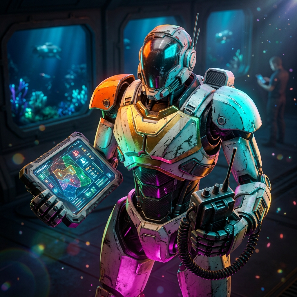 CampaignGrid — Field Operations for Marketing Automation — Automation category hero — war-worn but heroic mech pilot robot with painted panels, weathered detail, cinematic hero lighting in deep-sea research bay with bulkhead windows onto a bioluminescent ocean