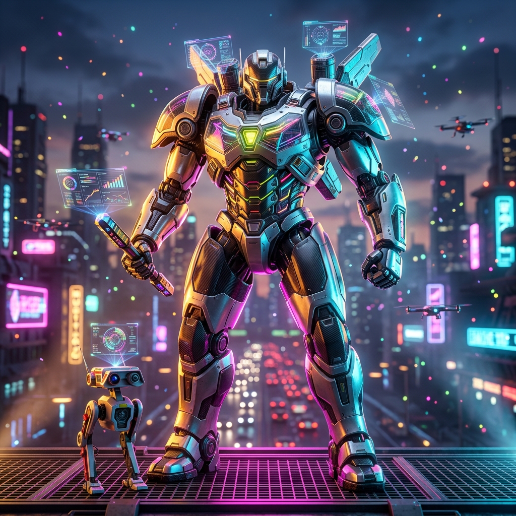 CampaignMatrix · War Room for Creative Campaign Command — Marketing Tools category hero — duo of contrasting robots — one large hero mech and a small companion droid — composed cinematically in rooftop overlooking a neon megacity skyline at dusk, drones flying in the distance