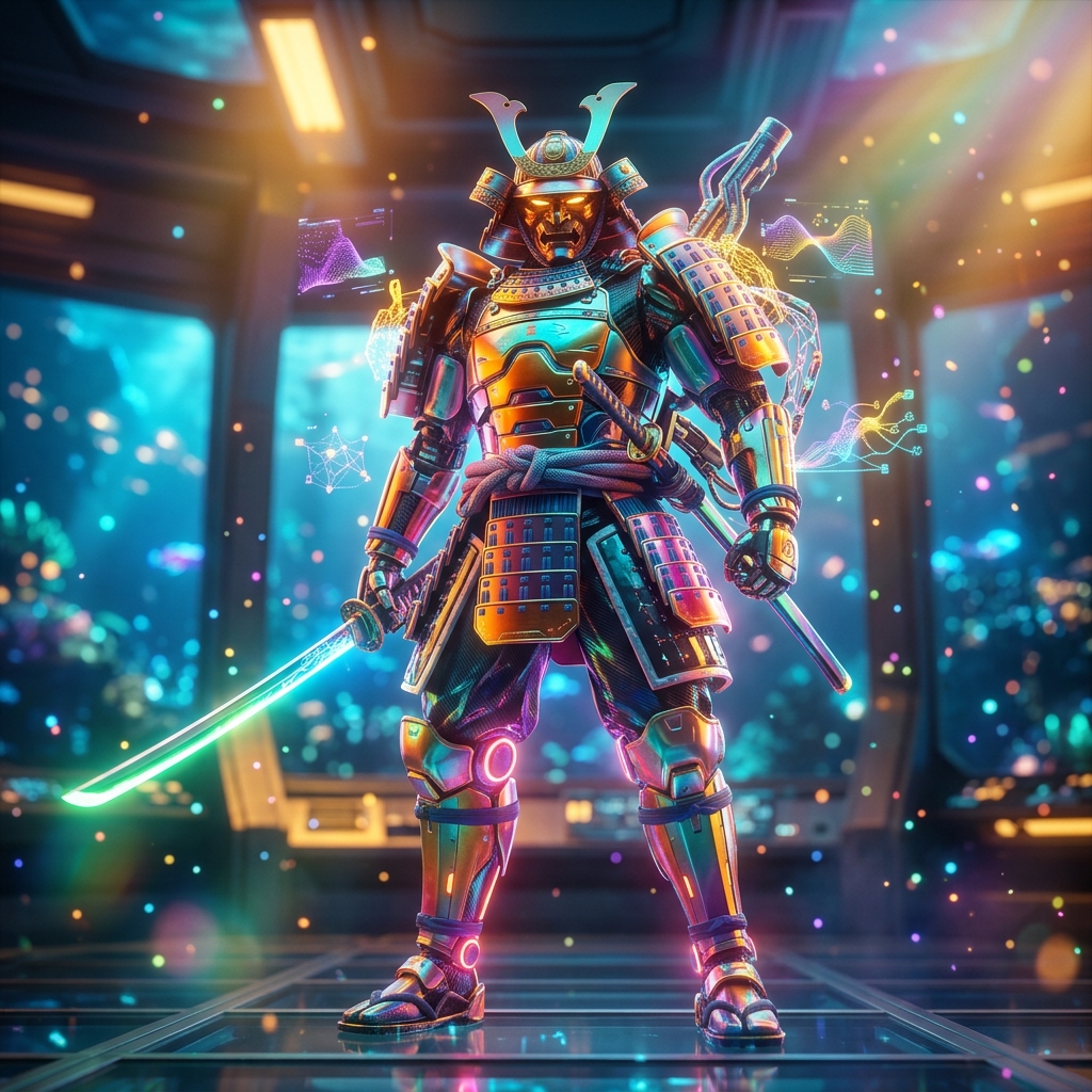 CampaignPilot — Email Marketing Command Center — Email Marketing category hero — majestic samurai-styled mech in lacquered armor with neon under-glow, katana of light in hand in deep-sea research bay with bulkhead windows onto a bioluminescent ocean